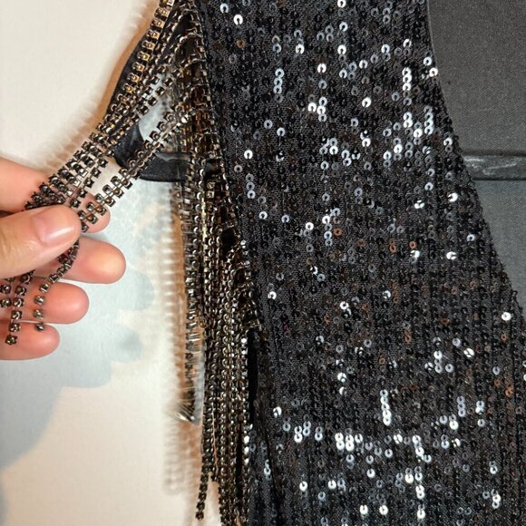 NWT Betsey Johnson black sequin fringe sleeve mini dress - Picture 2 of 6